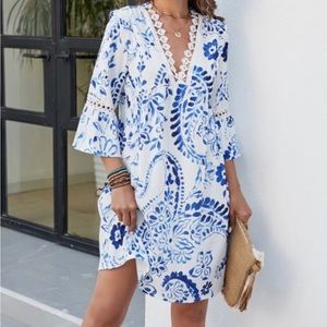 Zulilly Boho Blue & White Baby Doll Shift Dress 3/4 length Bell Sleeves XL